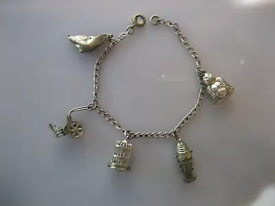 Vintage Sterling Silver Budha Articulated Fish Bird Cage Rickshaw Charm Bracelet • $40.48