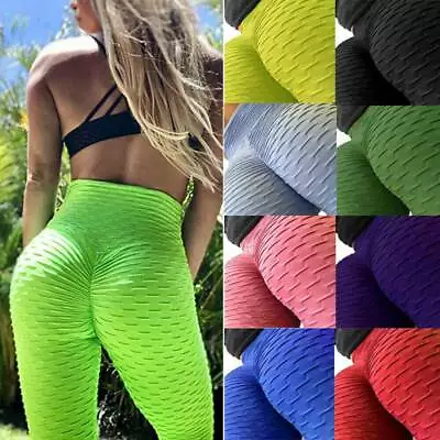 Women's Textured Butt Lift Leggings High Waist Yoga Pants Anti Cellulite Workou • £13.99