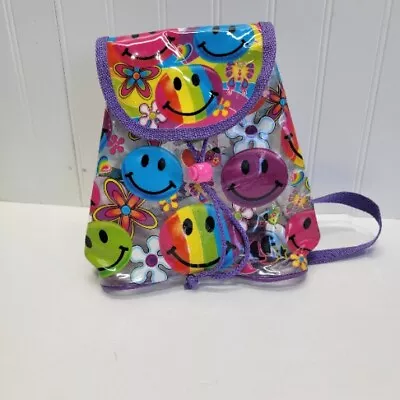 Vtg Lisa Frank Mini Clear Backpack Purple Trim Smiley Faces Rainbows Flowers • $69.99