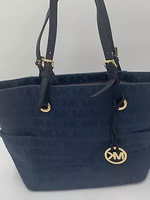 Michael Kors Jet Set Navy Blue Bag Monogram Signature Travel Tote Bag Handbag • $79