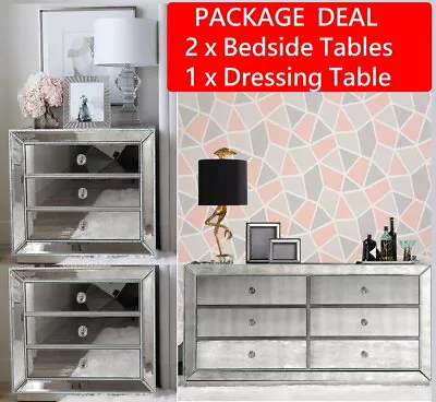 6 Drawer Chest Dresser & (Pair) Mirrored Bedside Tables Package Mirror Furniture • $3999