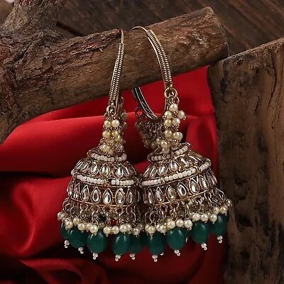 Gold Plated Indian Fashion Bollywood Style Jhumka Earrings Kundan Jewelry Set • $29.99