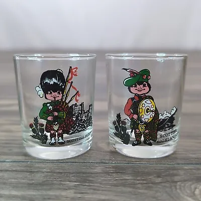 Vtg 2 Scottish Piper & Highlander Shot Glasses Colorful Bagpiper Souvenir Set • $11.95