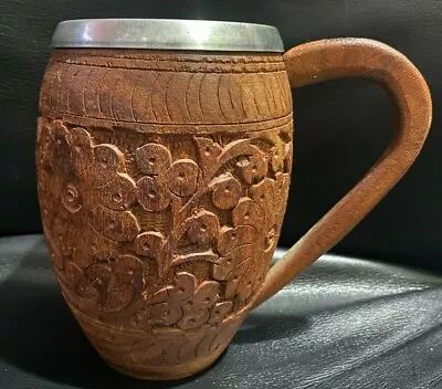 Vintage German Hand Carved Wooden Beer Mug Floral Design Aluminum Insert Stein • $15.99