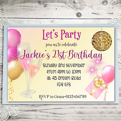 10 Personalised Disco Birthday Party Invitations Champagne Invites A6 21st 30th • £4.40