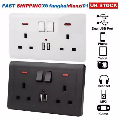 Double Wall Plug Socket 2Gang 13A With 2 USB Charger Port Outlets Plate UK • £4.99