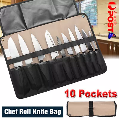 10 Pockets Chef Roll Knife Bag With Handles Carry Portable Storage Case Kitchen • $19.63