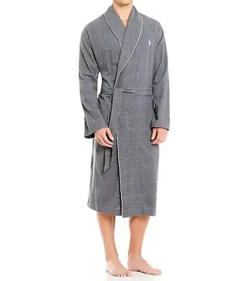 NWT Polo Ralph Lauren GRAY WINDOWPANE PLAID FLANNEL Cotton Robe S/M WHITE PONY • $64.99