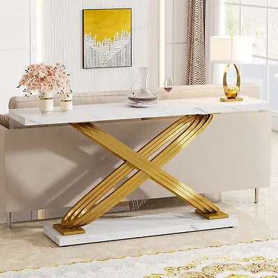 55  White Gold Narrow Sofa Table Modern Faux Marble Console Table For Entryway • $144.68