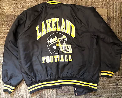 Vintage Football Bomber Jacket Minocqua WI Lakeland T- Birds Black And Yellow  • $29.99