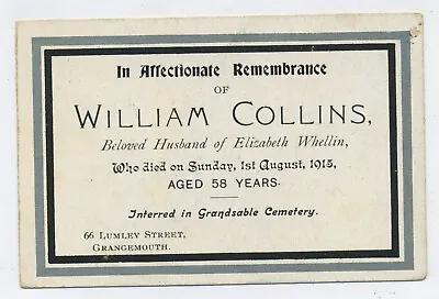 In Memoriam Card William Collins 1915 Grandsable Cemetery Grangemouth  C12 • £3.95