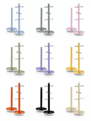 Coloured Mug Tree & Roll Holder Set Kitchen Paper Towel Stand Tower Rack Pole • £14.99