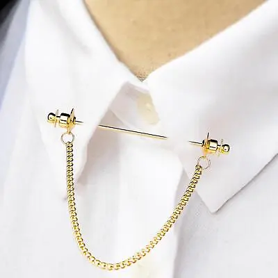 Classic Mens Shirt Collar Bar Pin With Link Chain Necktie Tie Clips 7cm Golden • £5.36