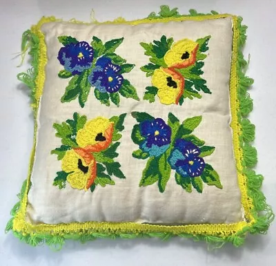 Vintage Crewel Hand Embroidered Decorative Throw Pillow Floral Fringe 13”x13” • $33.99