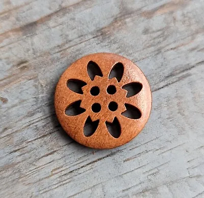 1 Button Natural Wood 25mm 1 Inch Carved Flower Design Vintage Look Wooden • $3.43