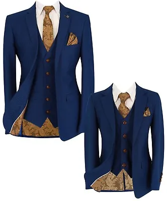 Mens Boys Tailored Fit Suit In Royal Blue Formal Retro Wedding 3 Piece Suit Set • £184.99