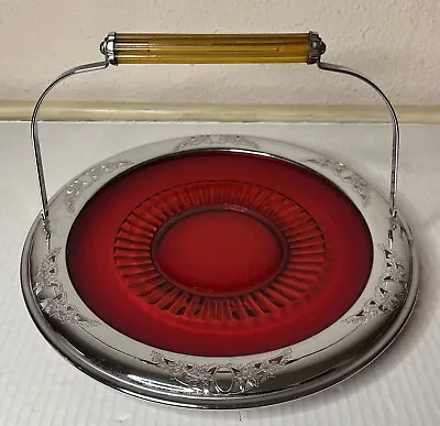 Farberware Ruby Red Glass Serving Dish/platter With Bakelite Handle. • $30