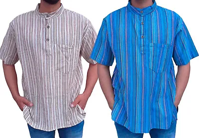 Striped Half Sleeve Grandad Kurta Shirt..Men's Cotton ..Collarless Top • £13.49