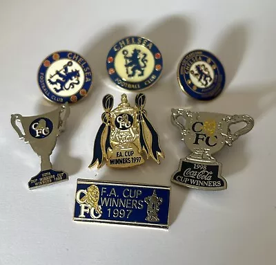 Chelsea Pin Badges X7 FA Cup 1997 Coca Cola Cup 98 UEFA Cup Centenary Rare • £17.99