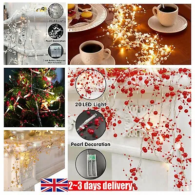 2m Pearl String Lights Berry-Beaded Lighted Christmas Tree Flower Garland Decor • £5.99