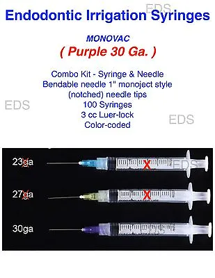 Endodontic Endo Irrigation Syringes Combo Kit ( Purple 30 Ga. ) 3 Cc Luer-lock  • $27.95