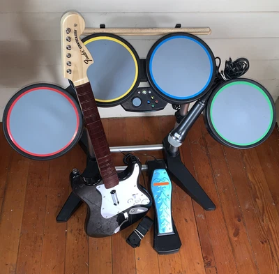 $259 • Buy Xbox 360 Rock Band BUNDLE Tested Wired Drums Mic Wireless Guitar Controller