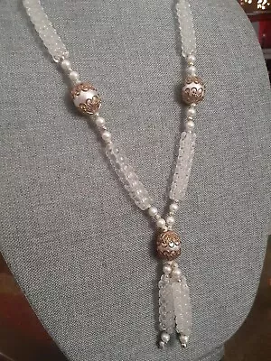 Vintage Translucent Bead & Faux Pearl Necklace W/ Gold Tone Accents & Tassel Pen • $17.99