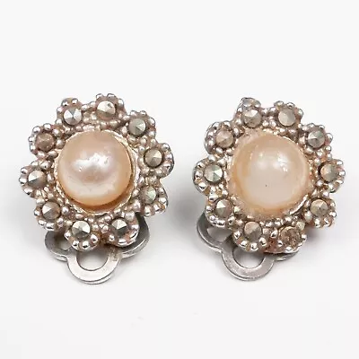 Vintage Clip On Earrings Faux Pearl Diamante Silver Tone 1950s 1960s Marcasite • £9.99