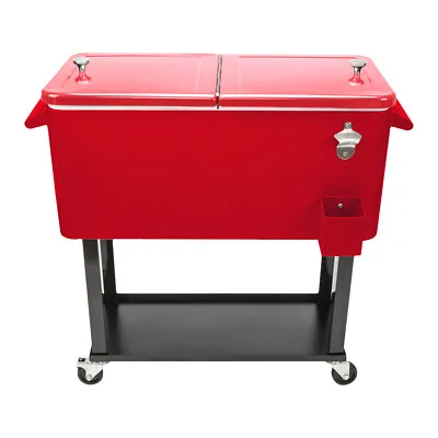 80Quart Rolling Cooler Ice Chest Cart For Outdoor Patio Party Dark Red Trolley • $136.99