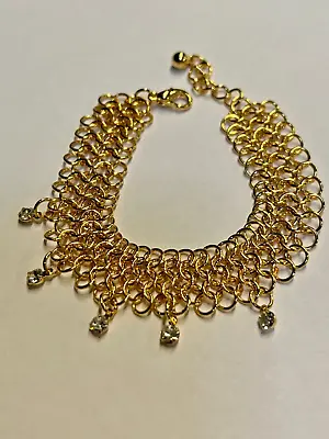 Gold Tone Multi Strand Bracelet With Rhinestones Dangles~Chain Mail Style • $2.50