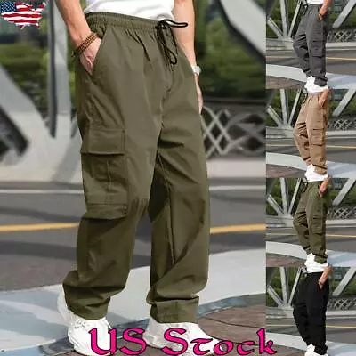 Men Workwear Elastic Waist Cargo Trousers Joggers Workout Sport Casual Pants Gym • $24.19