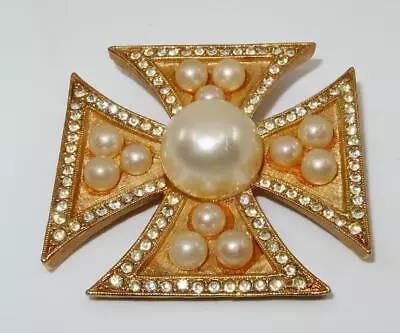 Vintage Gold Tone Faux Pearls Rhinestones Maltese Cross Brooch 1 3/4  • $26.09