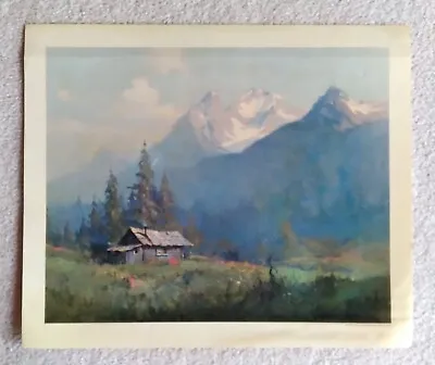 Alaska Artist Sydney Laurence Vintage Print Log Cabin & Mountains 16” X 20” • $49.99