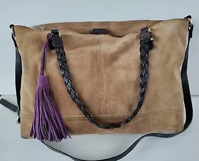 Womens Large Debenhams Light Tan Suede Tote Shoulder Bag Handbag Shopper Tassel • £19.99