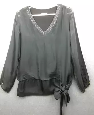 Imagine Italy Size L Dark Grey Sequin Neckline Tie Hem  Lined Silk  Blouse • $39