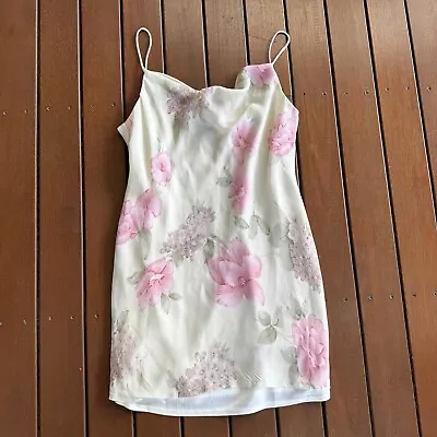 Vintage 90s Size 14 Fits 10/12 Mini Slip Dress Cream Floral 90s Y2K • $20