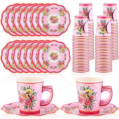 200 Pcs Vintage Tea Party Supplies Includes 100 Pcs Floral Paper Plates And 1... • $49.78