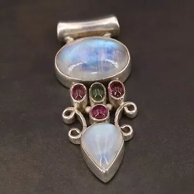 VTG Sterling Silver - INDIA Rainbow Moonstone & Garnet Necklace Pendant - 19g • $9.50