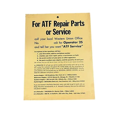 Vintage ATF Repair Parts / Service Western Union Operator 25 Call Info Sign 50s? • $54.59