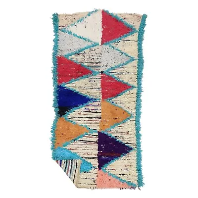 Moroccan Handmade Vintage Rug 2'8''x6'Berber Geometric Blue Cotton Tribal Rug • $240