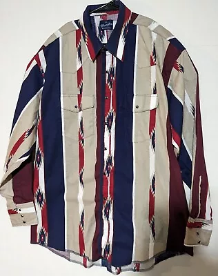 VTG Wrangler Western Pearl Snap Shirt Aztec Long Sleeve Men’s XXL • $42.99