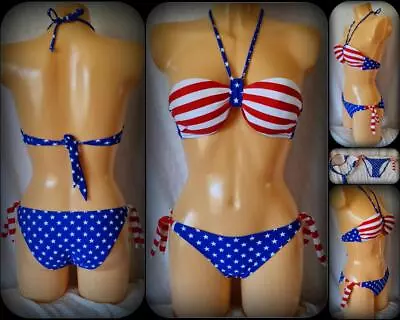 £13.50 • Buy Womens Bikini Set Blue Red White Padded Push Up Tie Sides Hipster Uk 10 12 New