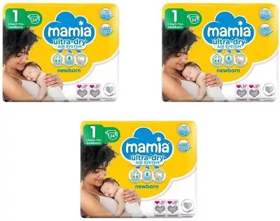 £9.30 • Buy (Pack Of 3) Mamia Baby Newborn Nappies, Size 1, 2-5kg, 3 X 24 (72 Nappies)