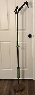 Antique Jadeite Green Glass & Cast Brass Ornate Electric Floor Bridge Lamp - 61” • $249