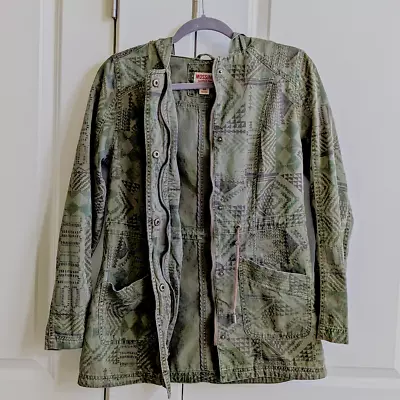 Mossimo Utility Jacket Women Small Army Green Full Zip Hooded Canvas Coat Aztec • $15.99