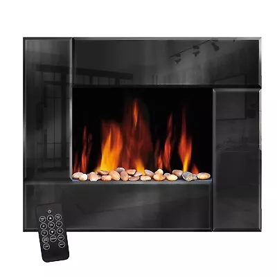 Wall Mounted Electric Fire Fireplace Black Glass Slim Living Flicker LED Flame • £129.99