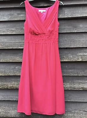 LK BENNETT Cerise Pink Chiffon Fit & Flare Dress Gathered Ribbon Trim Waist UK6 • £16