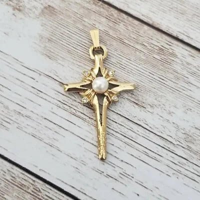 Vintage Pendant Gold Tone Ornate Cross With Faux Pearl (No Chain Included) • $18.99