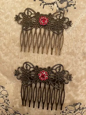 (2) Red Crystal Flower Vintage Bronze Victorian Filigree Small Hair Combs • $10.99