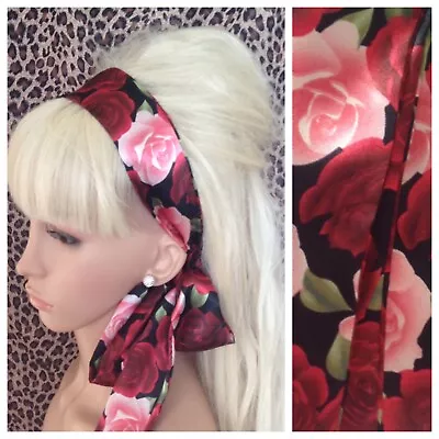 NEW ROSE FLORAL PRINT SATIN FABRIC HAIR SCARF HEADBAND SELF TIE BOW 60s RETRO • £4.99